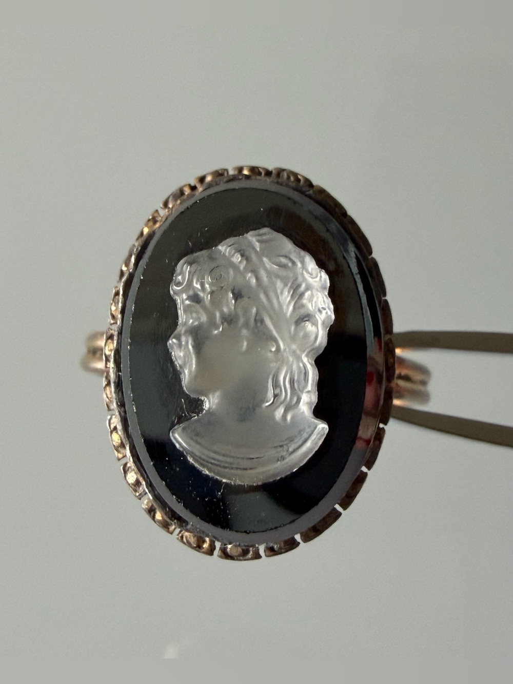 Vintage glass black and White Cameo Ring.